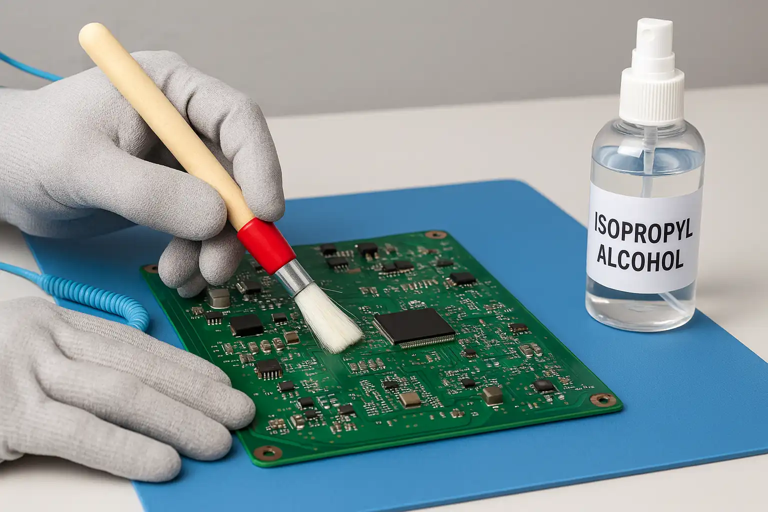 Technician using a small brush dipped in isopropyl alcohol to scrub a green PCB, wearing ESD-safe gloves and wrist strap for safe and effective electronic cleaning