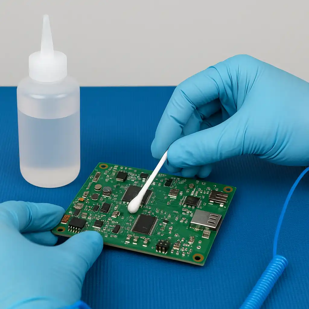 Close-up of technician wearing blue nitrile gloves using a cotton swab to remove residue from a green PCB during cleaning, with isopropyl alcohol bottle on anti-static mat