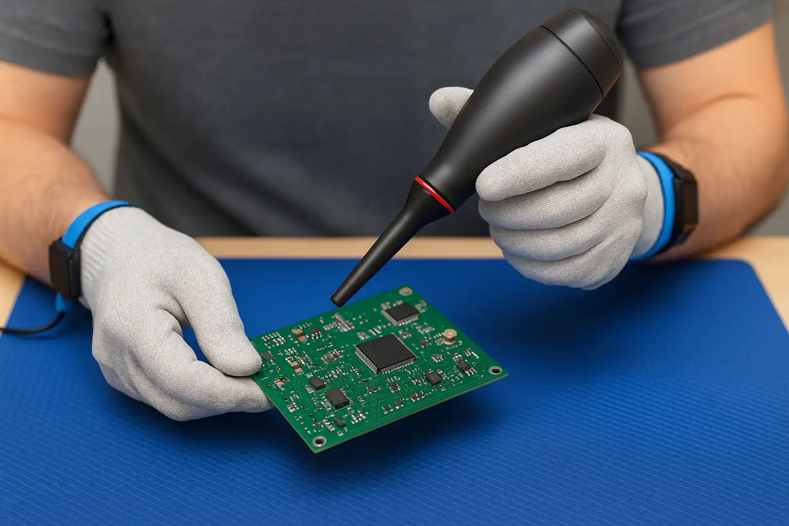 Technician using an air blower to dry a green PCB on a blue anti-static mat, wearing ESD-safe gloves and wrist strap during electronics cleaning process