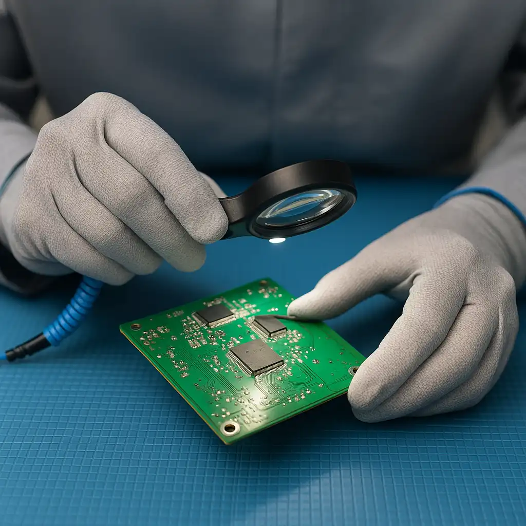 Technician using an LED magnifying glass to inspect a green PCB for residue or damage, wearing ESD-safe gloves on a blue anti-static mat