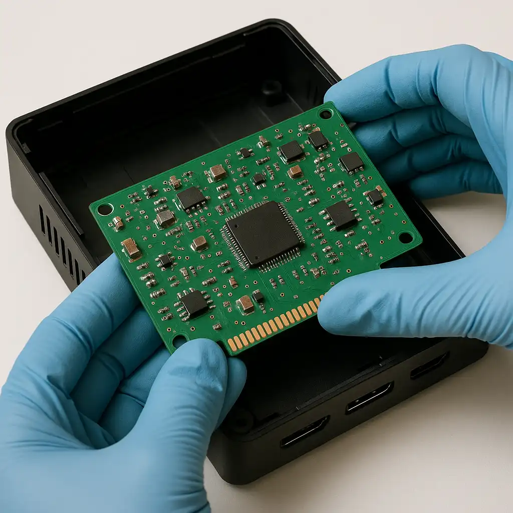Technician wearing blue nitrile gloves reassembling a cleaned green PCB into a black plastic electronic housing, following proper ESD-safe handling practices