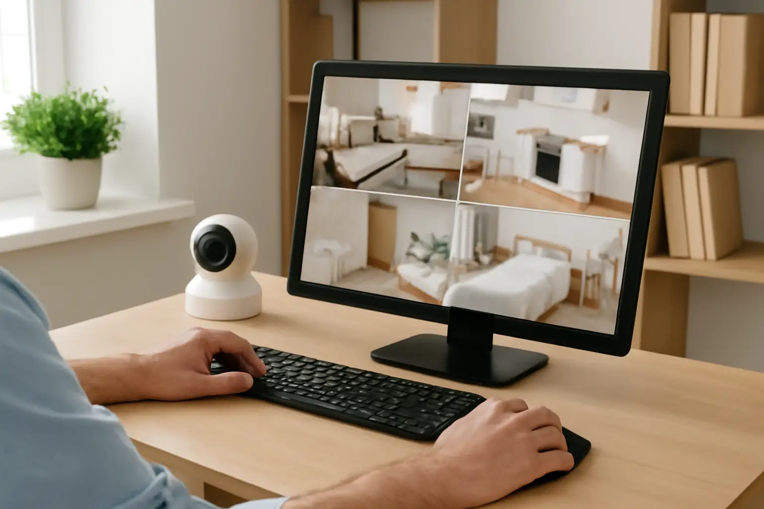 Person viewing multiple security camera feeds on a computer in a home office