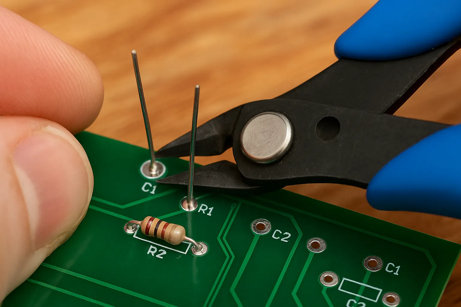 Trimming excess resistor leads on a through-hole PCB using diagonal cutters