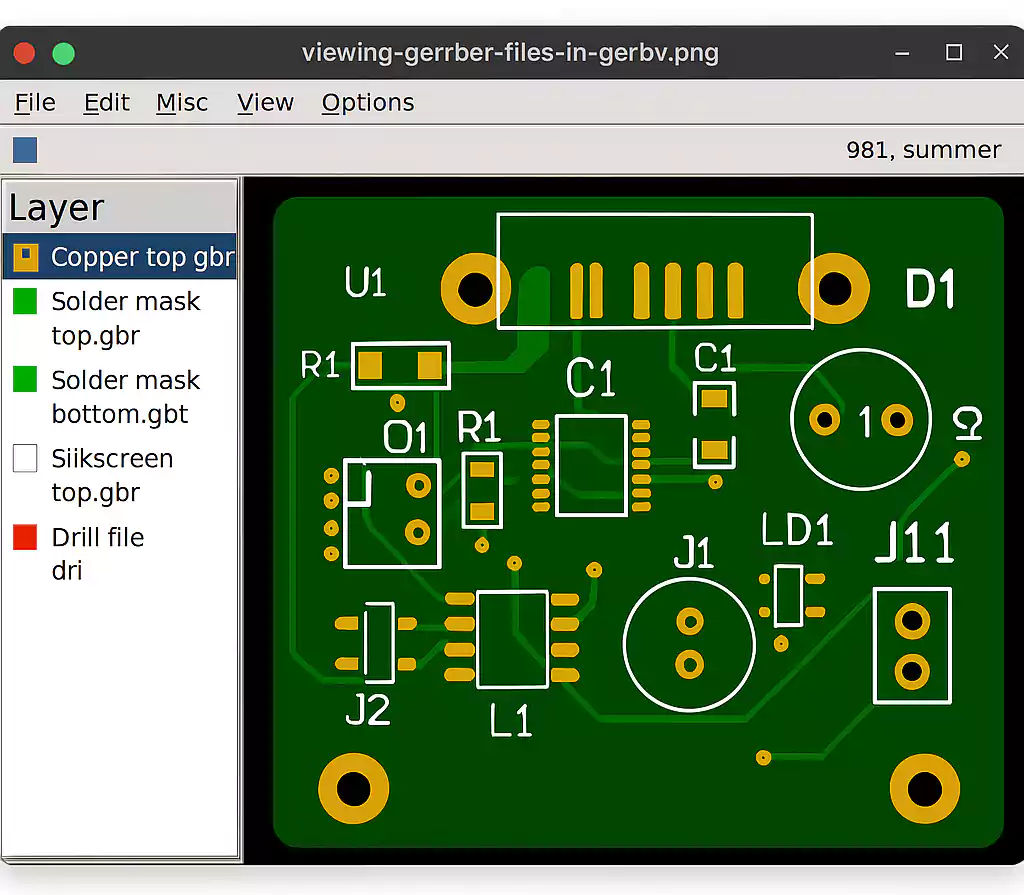 Gerbv showing Gerber PCB layers