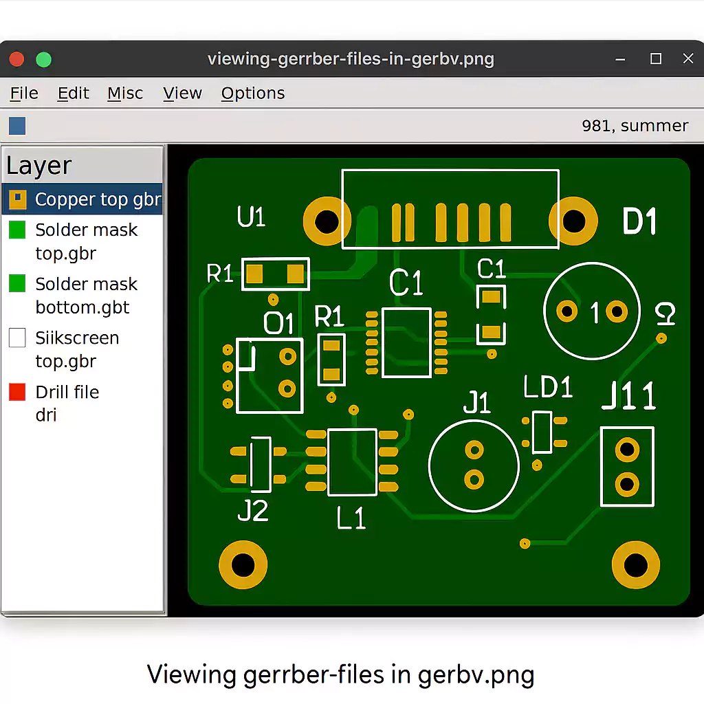 Screenshot of Gerbv software displaying multiple Gerber PCB layers
