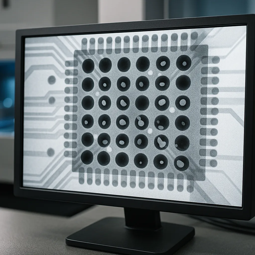 X-ray inspection monitor showing a BGA package on a PCB, with several solder balls exhibiting voids and potential open joints.