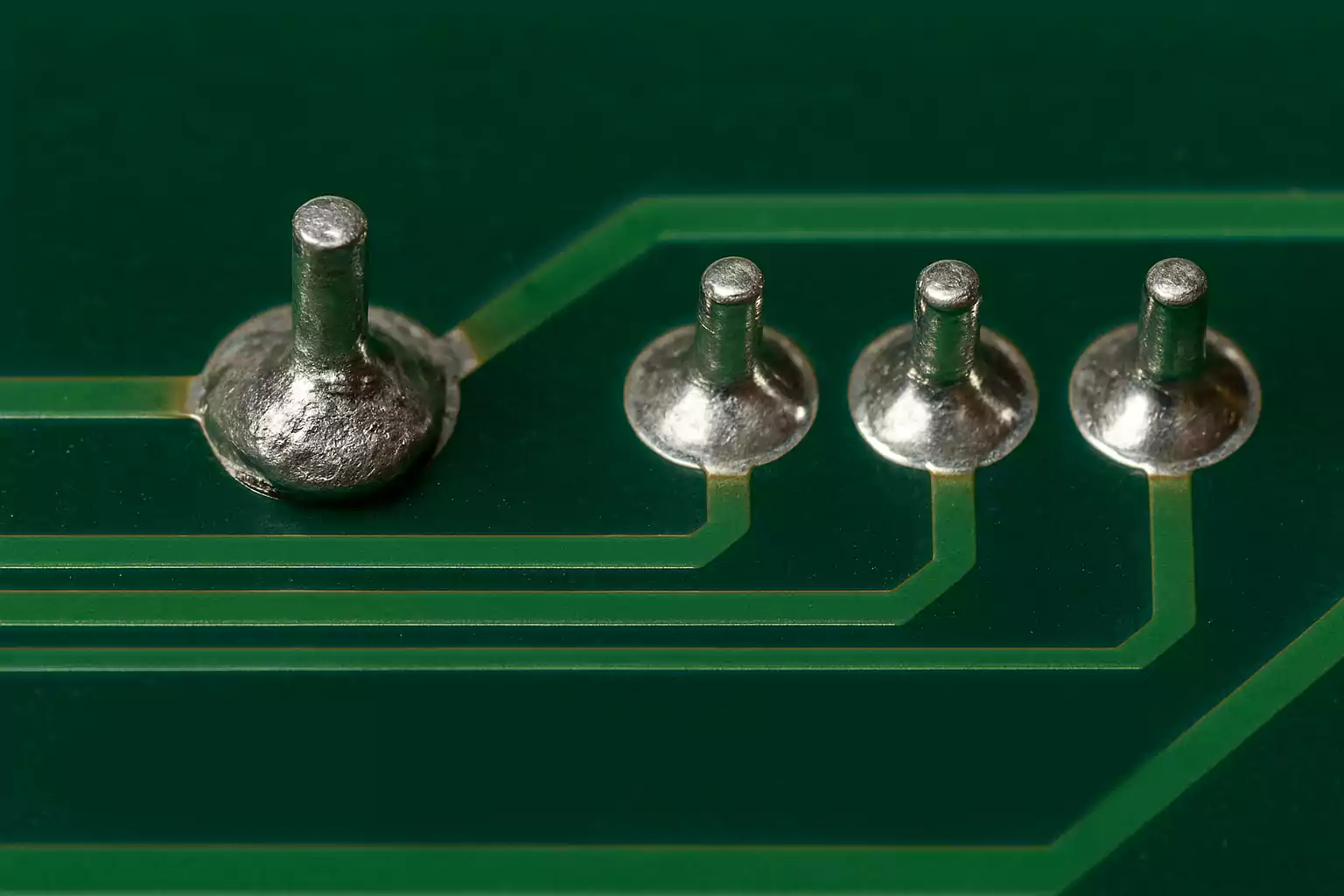Irregular solder joint compared with three clean joints