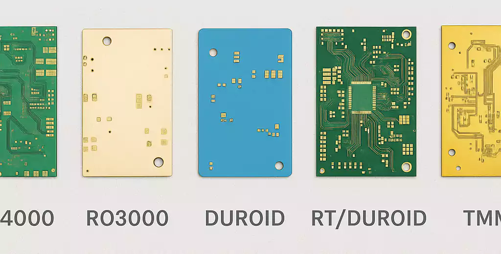 Five Rogers PCB laminates displayed for material series comparison