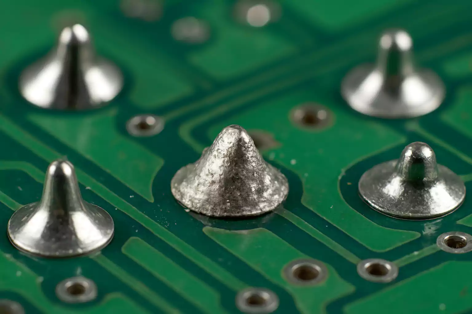Close-up of cold solder joint on a green PCB
