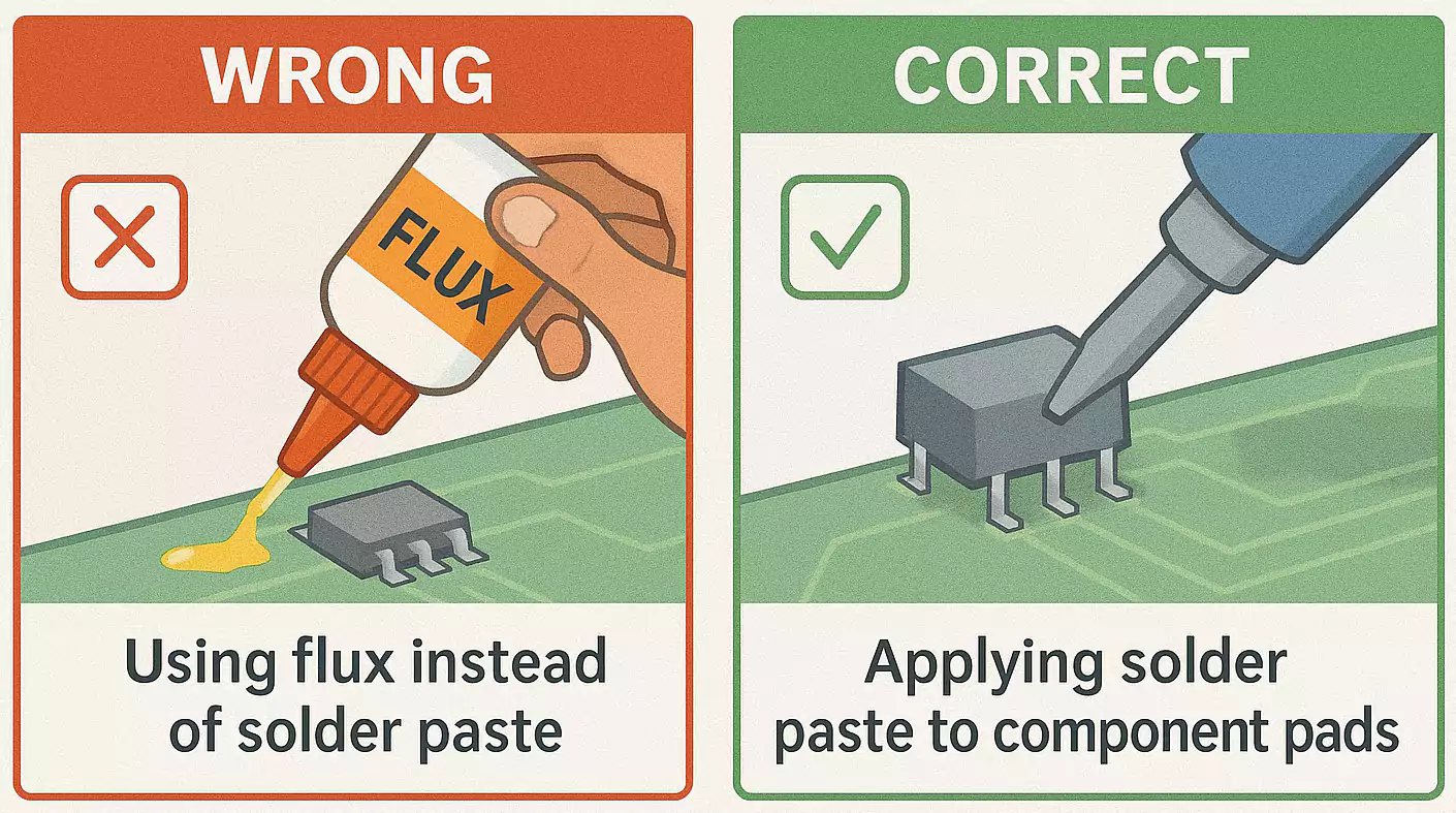 Wrong vs correct use of flux and solder paste