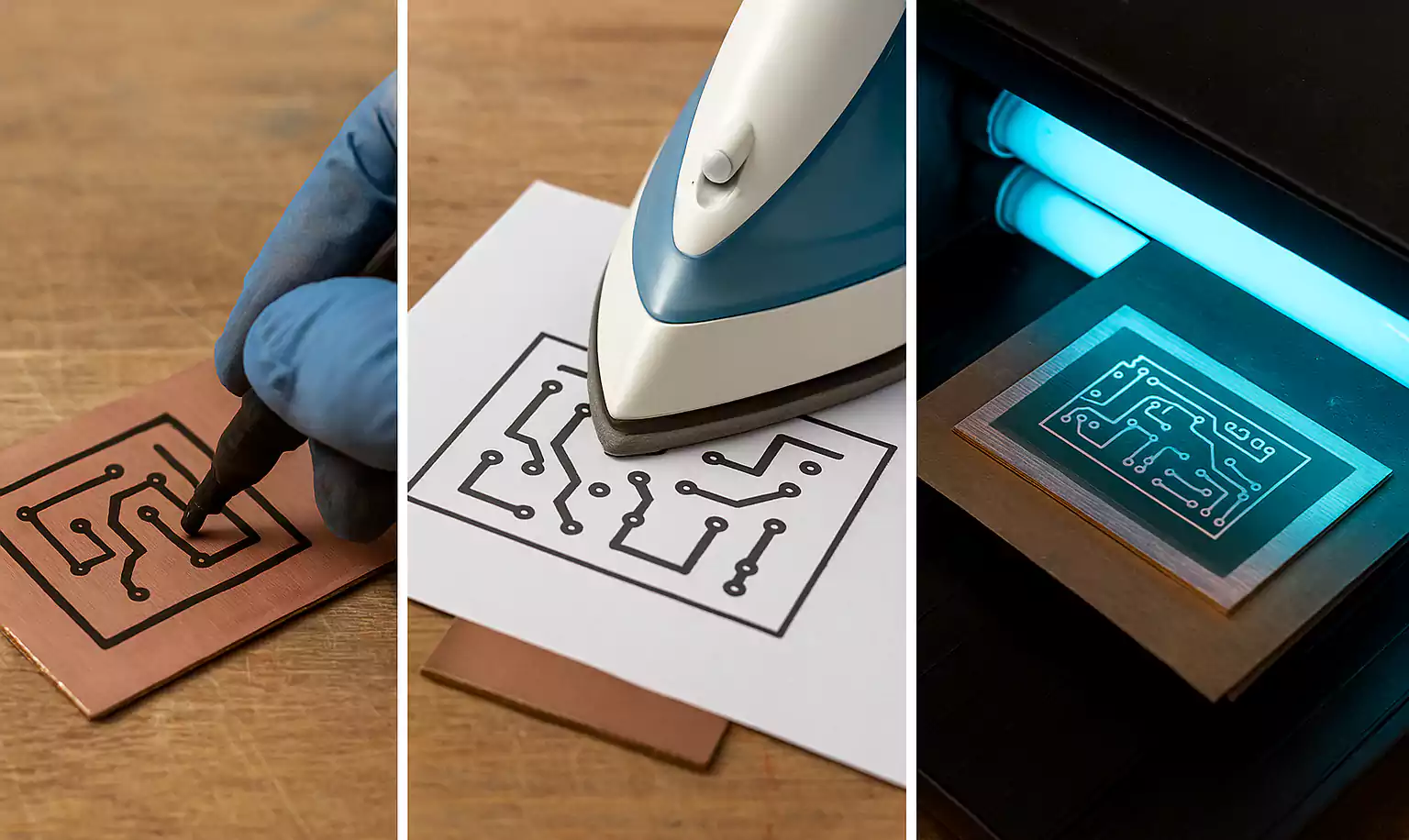 Three DIY PCB etching methods: hand-drawn, toner transfer, and UV exposure