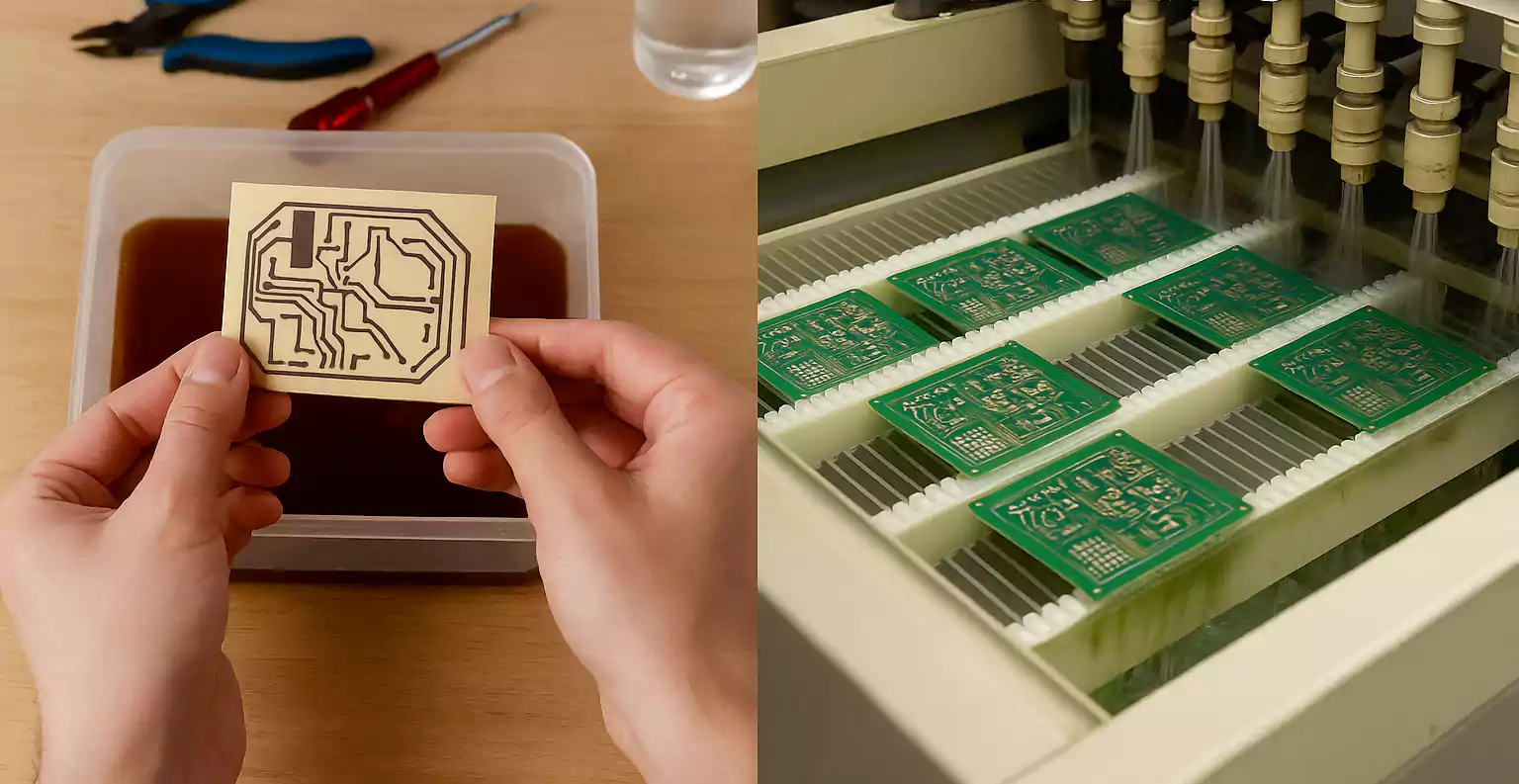 Side-by-side view of DIY and industrial PCB etching setups