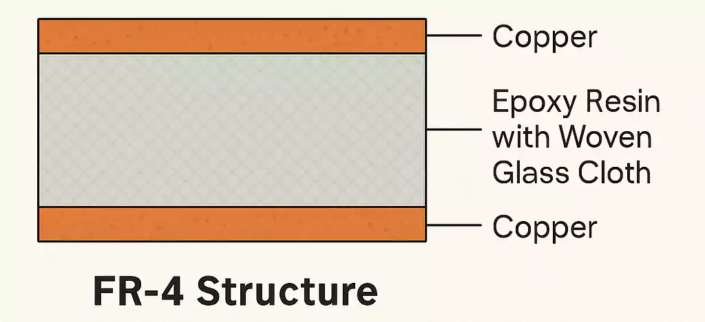 FR-4 material cross-sectional structure with copper and fiberglass layers