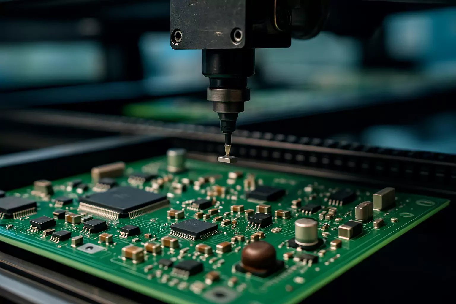 Automated pick and place machine placing components on a PCB