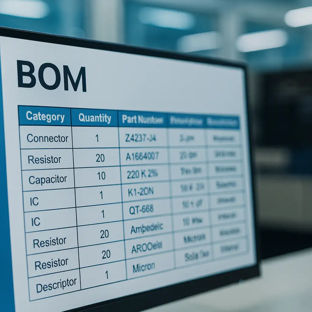 Computer screen showing detailed BOM parts list