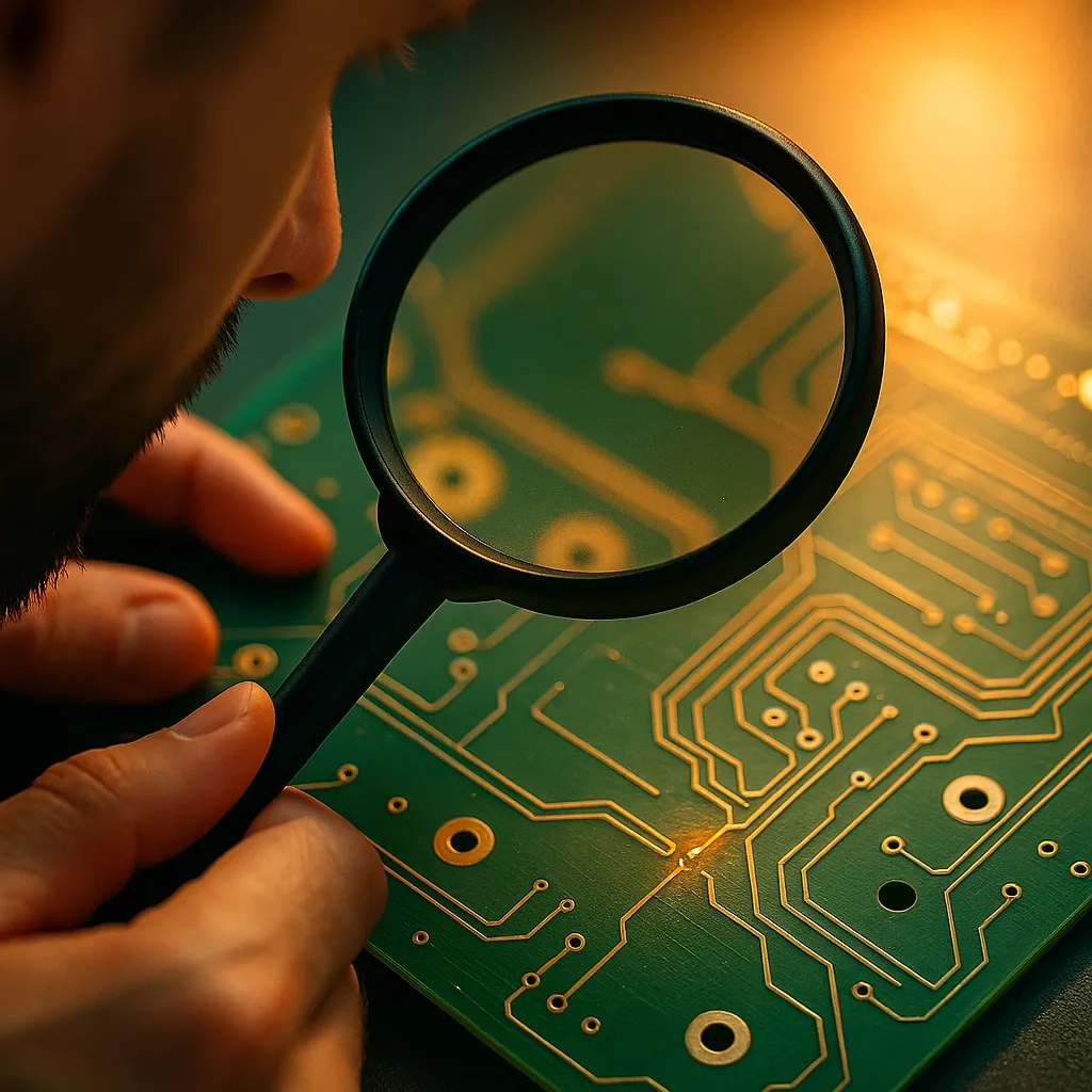Technician visually inspecting broken copper trace on PCB under magnification