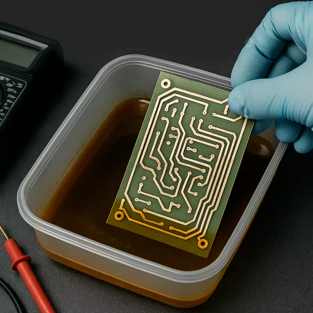 PCB etching in progress using chemical solution and tools