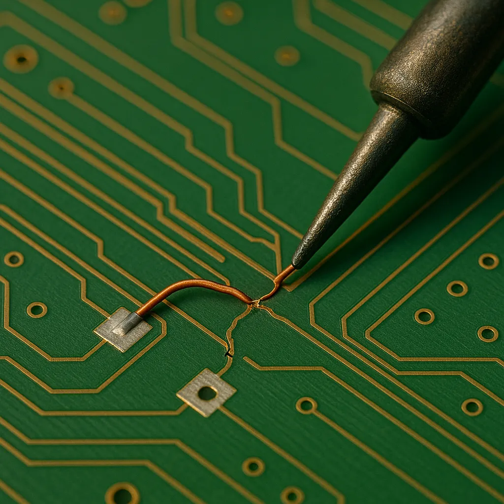 Jumper wire connecting two pads to repair broken PCB trace