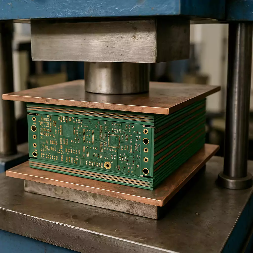 PCB stack being laminated under a hydraulic press in a factory setting