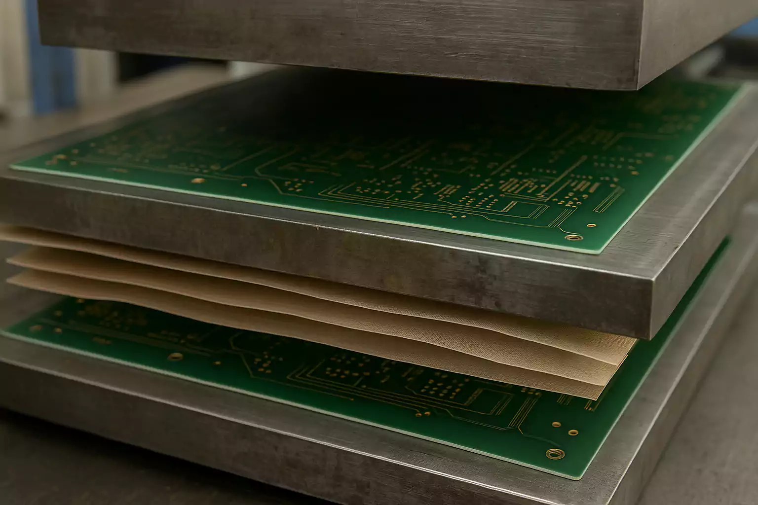 PCB layers with prepreg sheets arranged before lamination