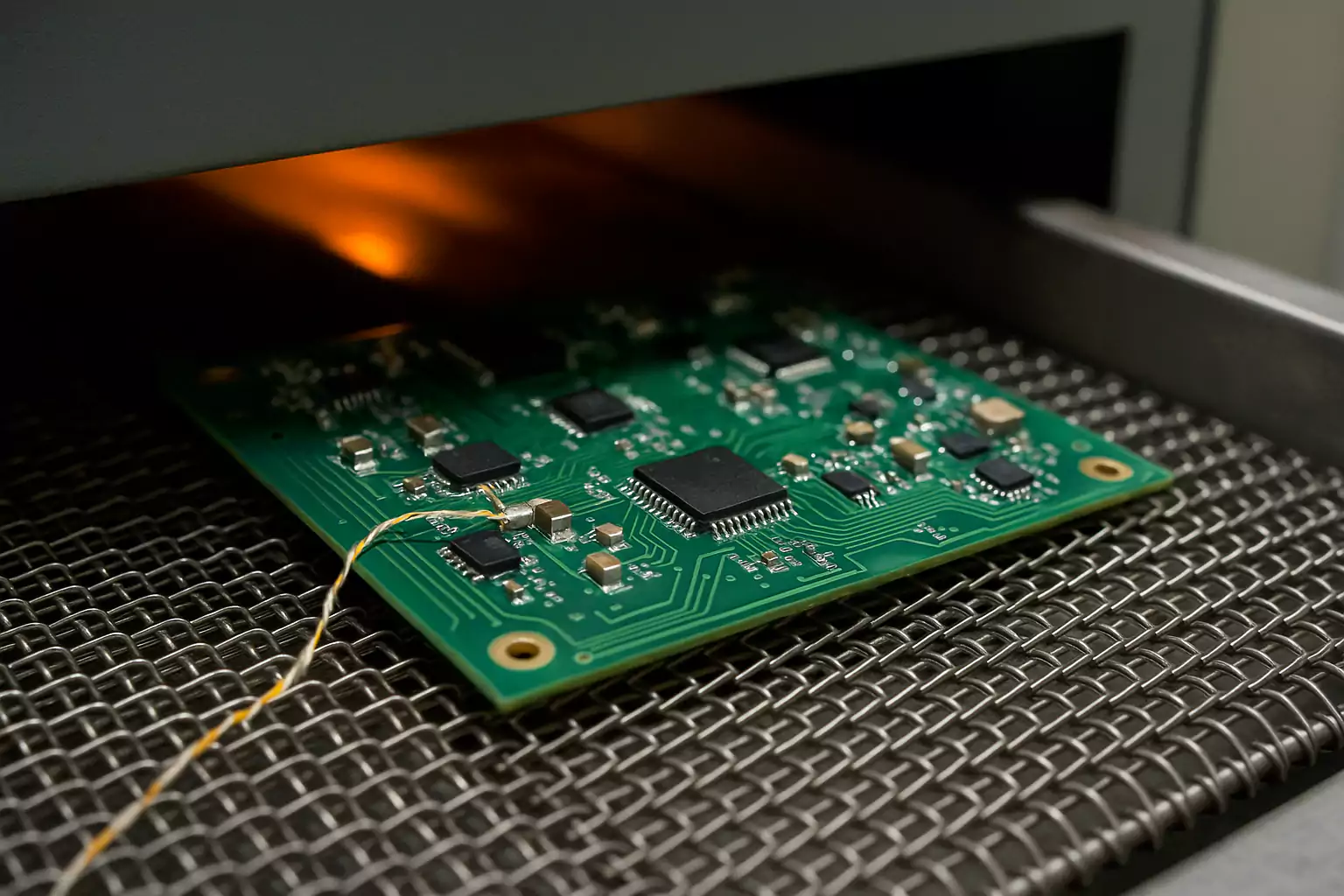 PCB inside reflow oven during soldering process