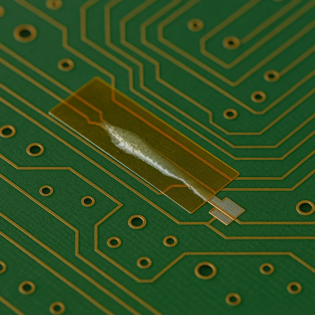 Repaired PCB trace protected with Kapton tape and insulating coating