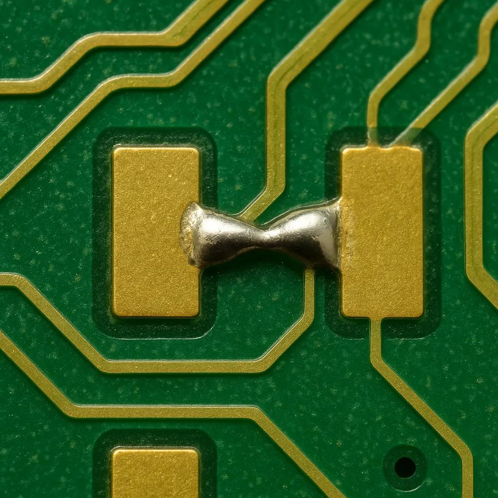 Close-up of PCB solder bridge connecting two pads