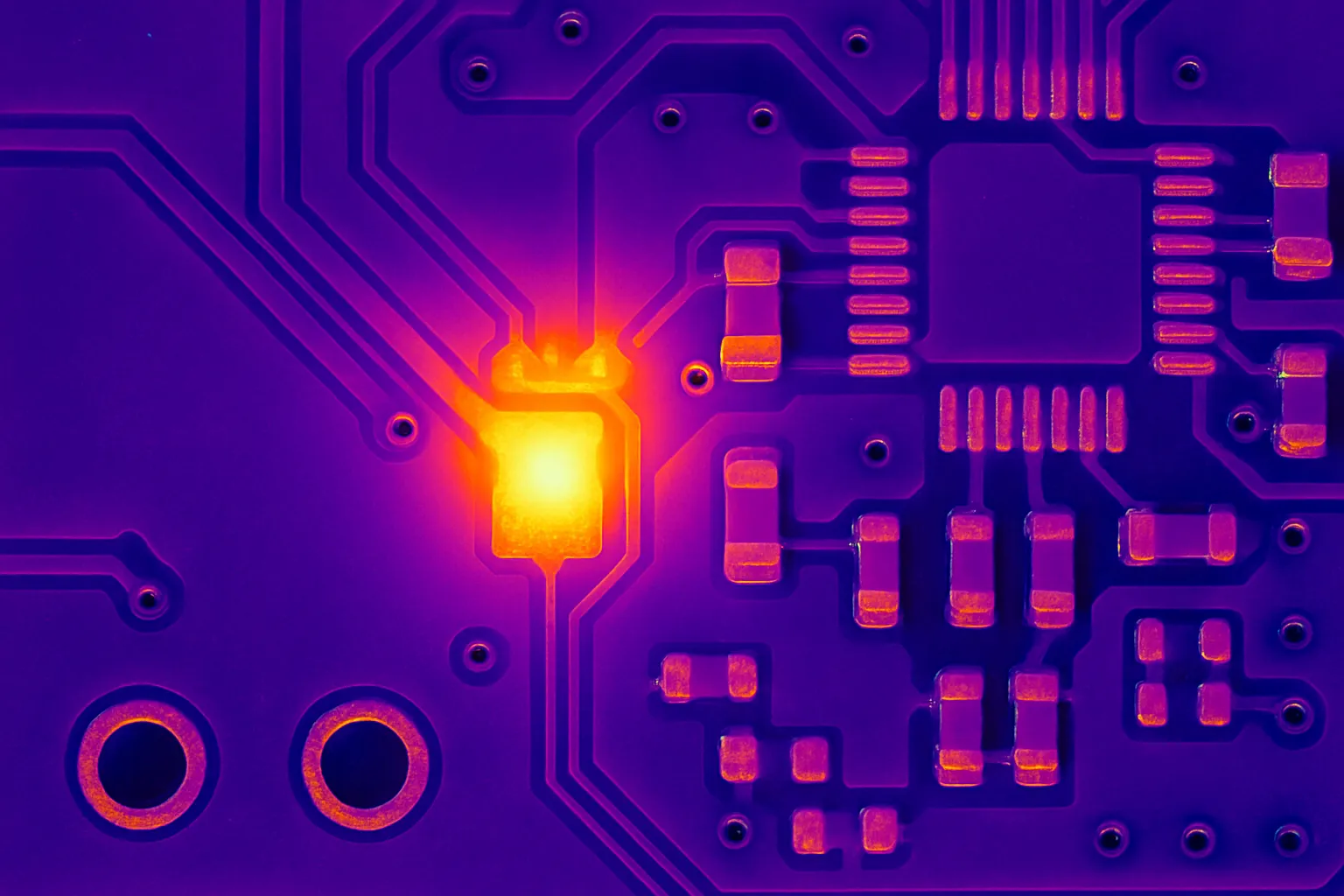 Thermal camera image showing hot spot on PCB short circuit