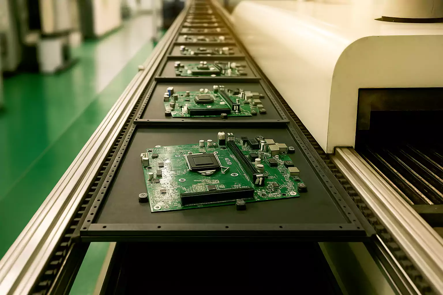 PCB panels moving into reflow oven on automated SMT assembly line