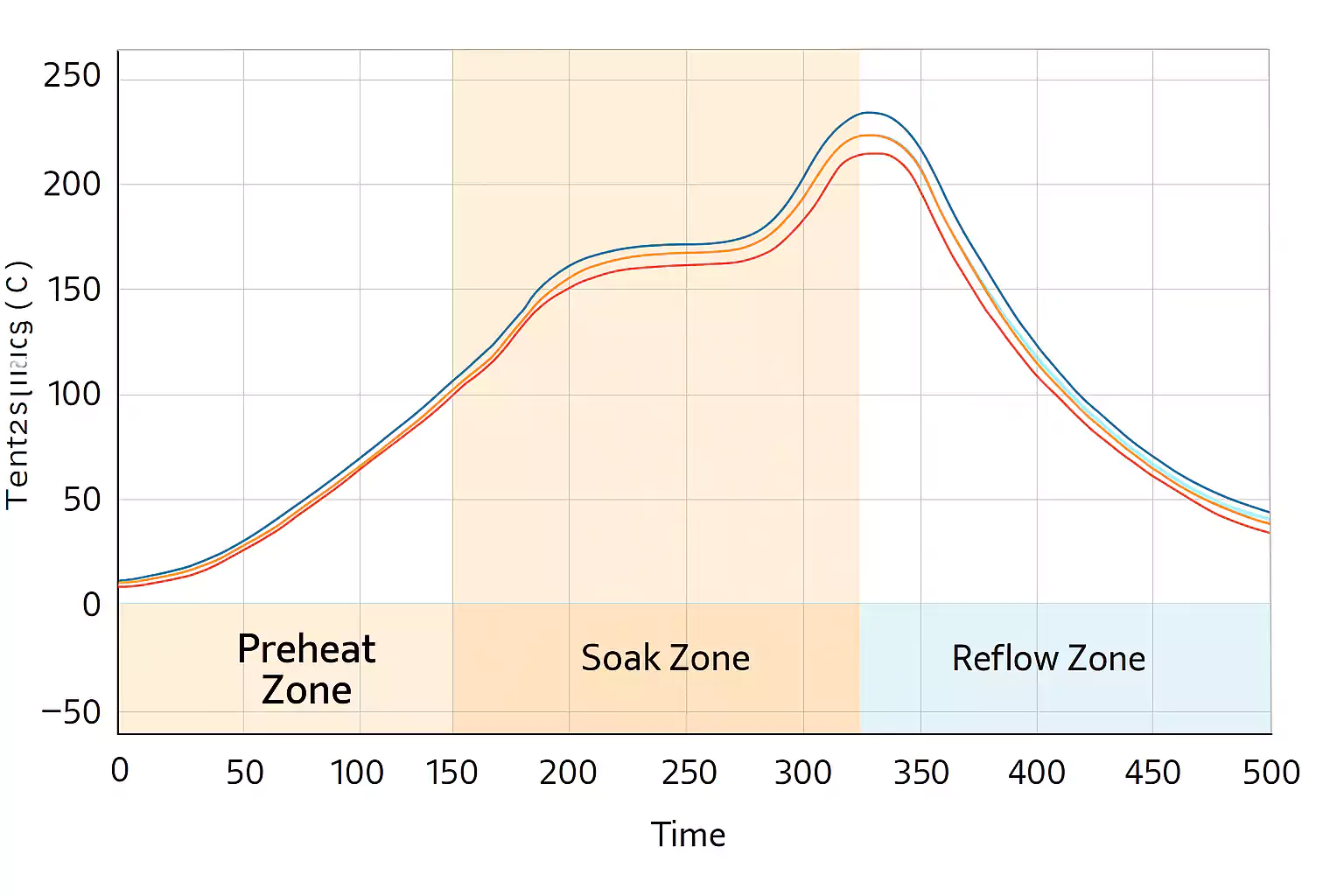 Reflow soldering temperature profile with preheat, soak, and peak zones