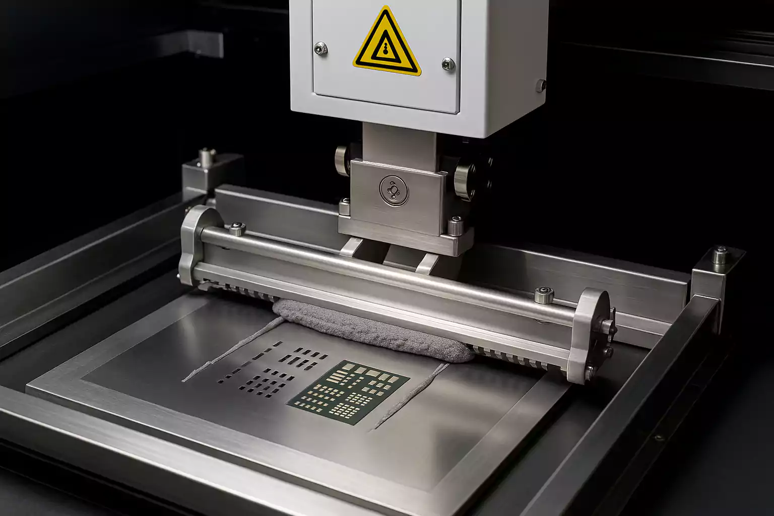 SMT solder paste printing machine applying paste through a stencil onto PCB pads