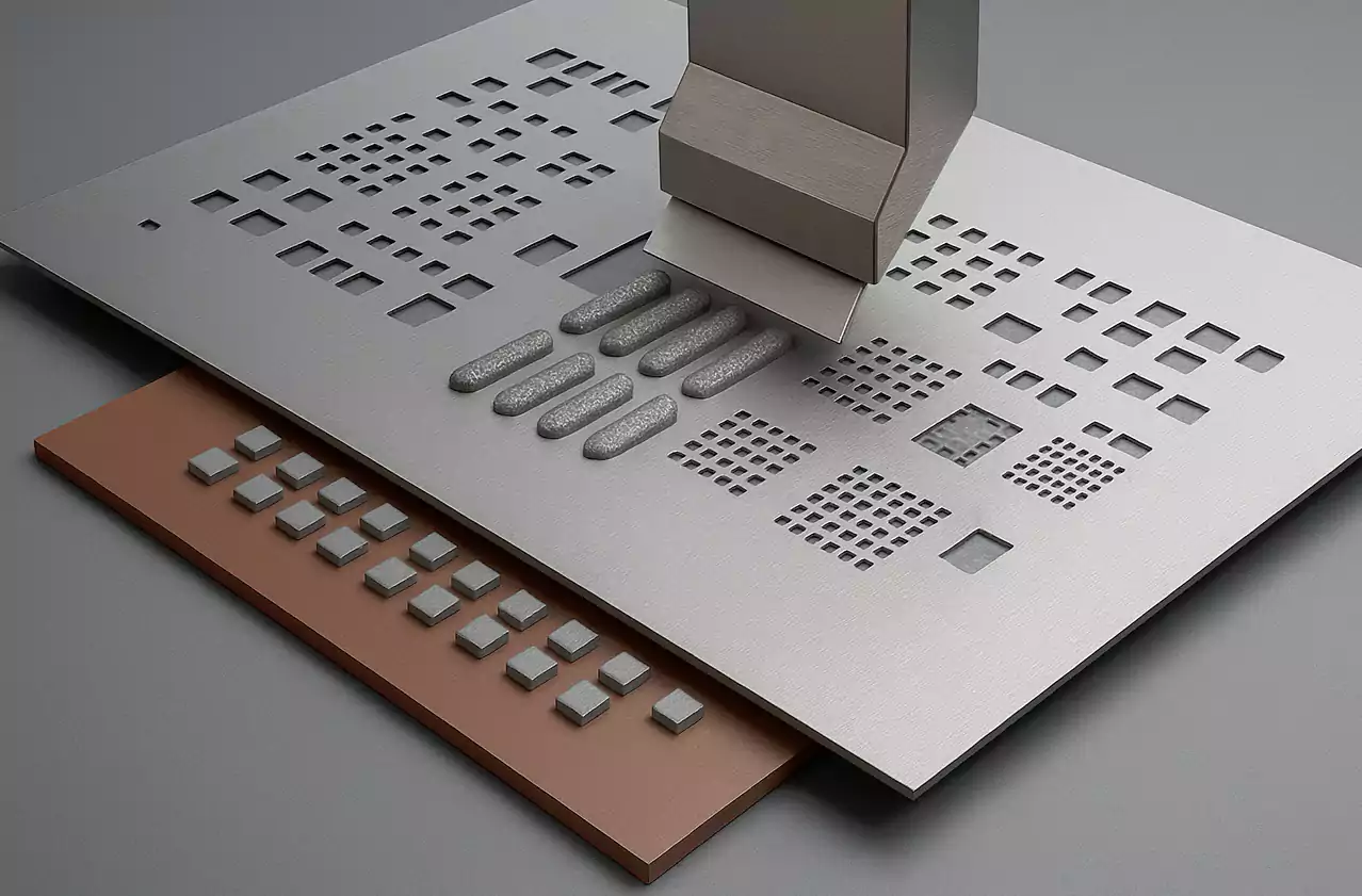 SMT solder paste stencil with apertures aligned over PCB pads