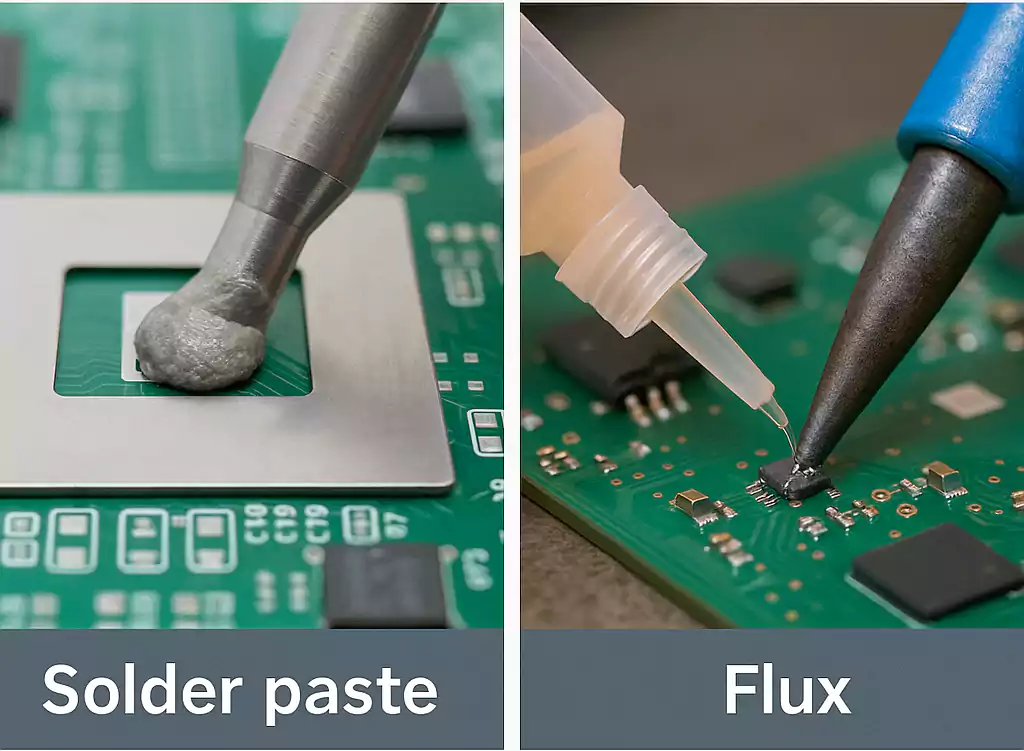 Solder paste and flux being used on PCBs