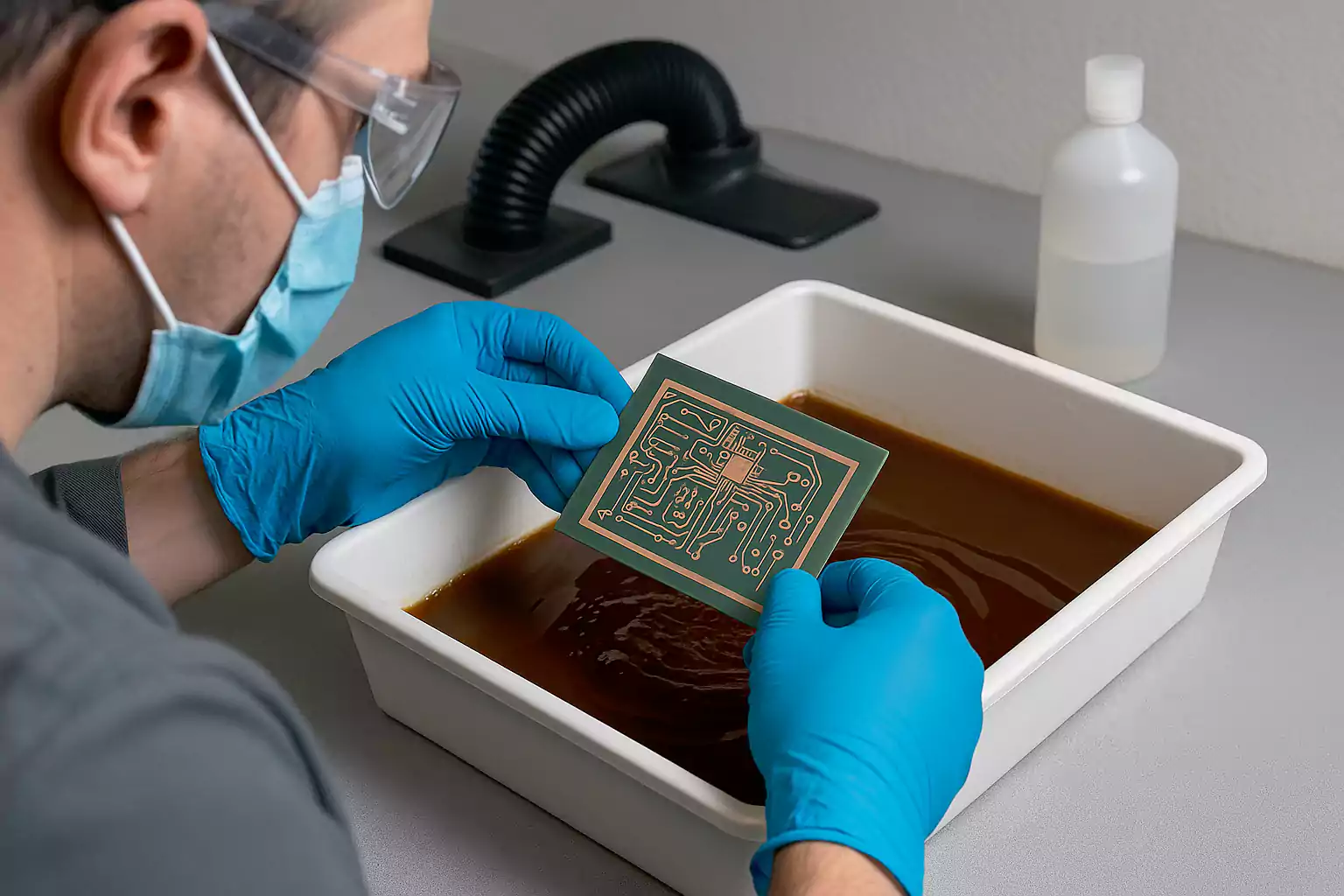 Technician etching a PCB in chemical solution with safety gear