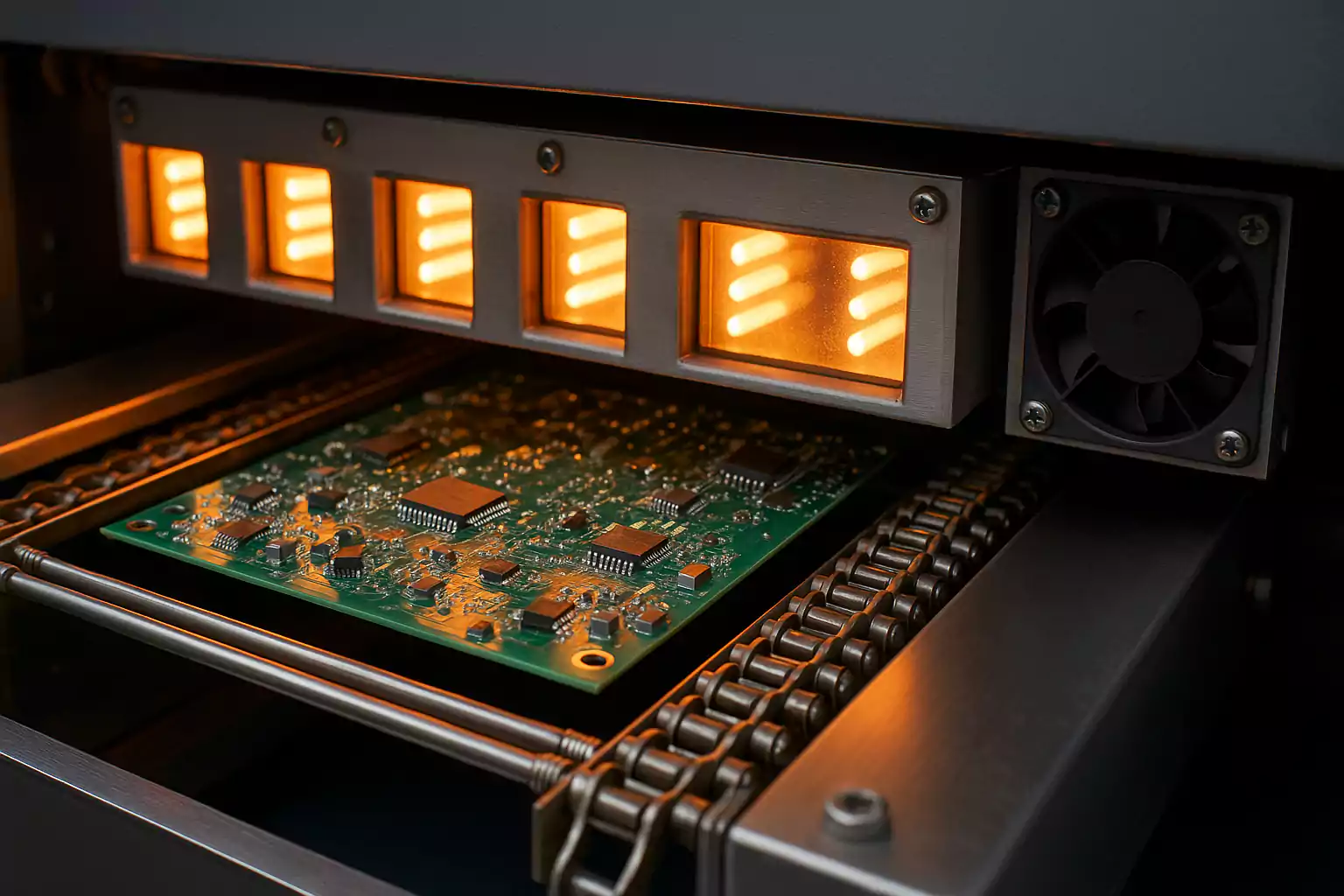 Reflow oven soldering a PCB with infrared heaters and conveyor system