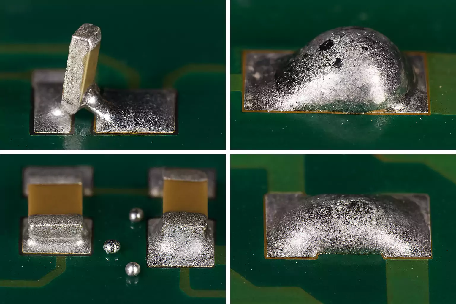 Close-up collage of common reflow soldering defects on PCB