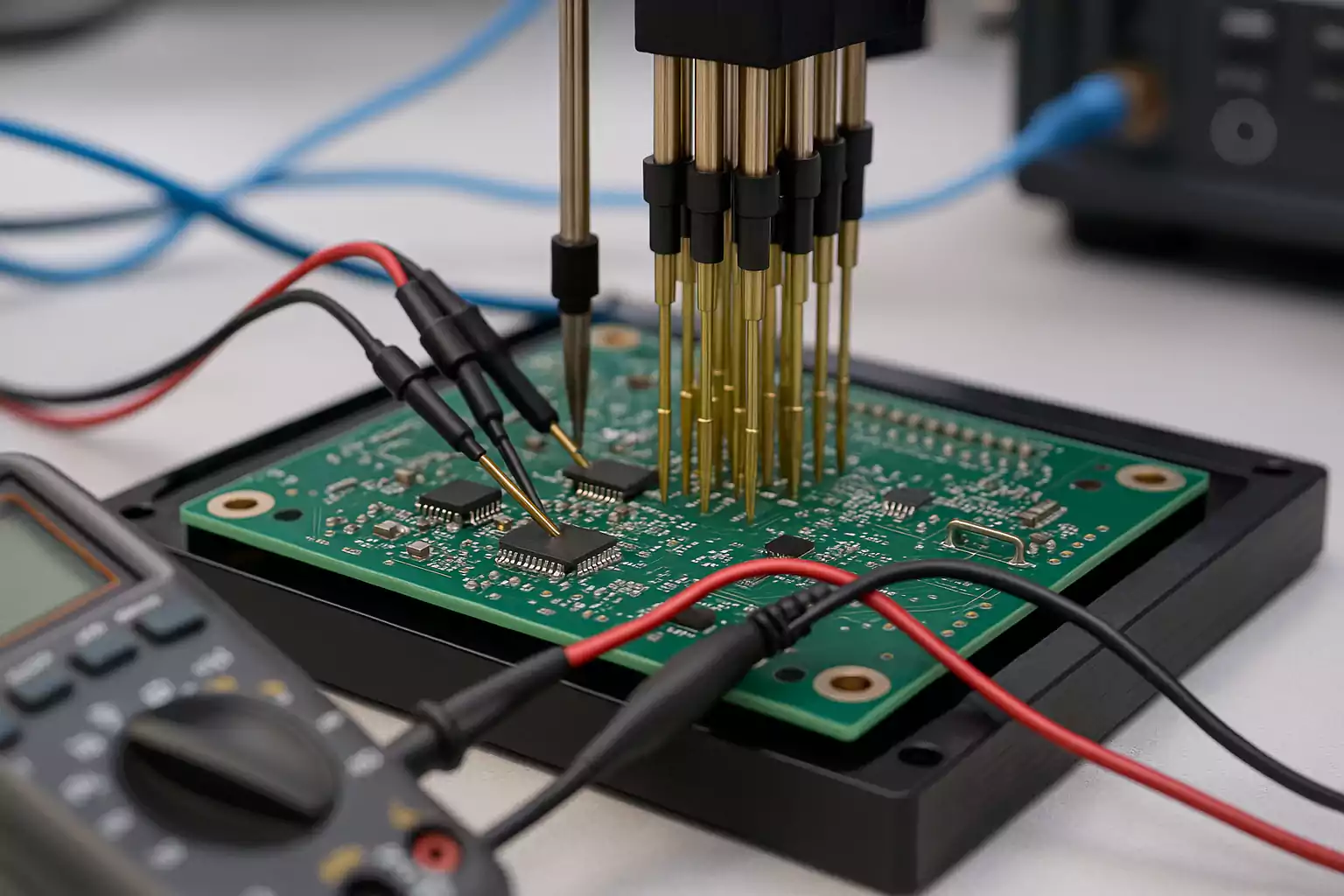 Functional circuit testing setup with probes on a PCB