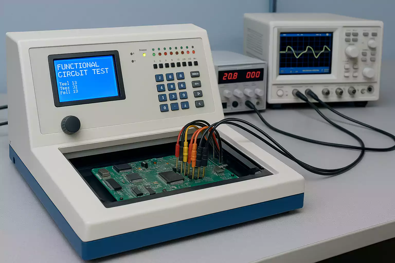 Functional test setup with oscilloscope, power supply, and PCB on test fixture