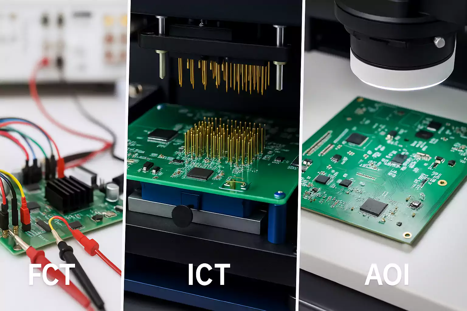 Comparison of FCT, ICT, and AOI testing methods on PCBs