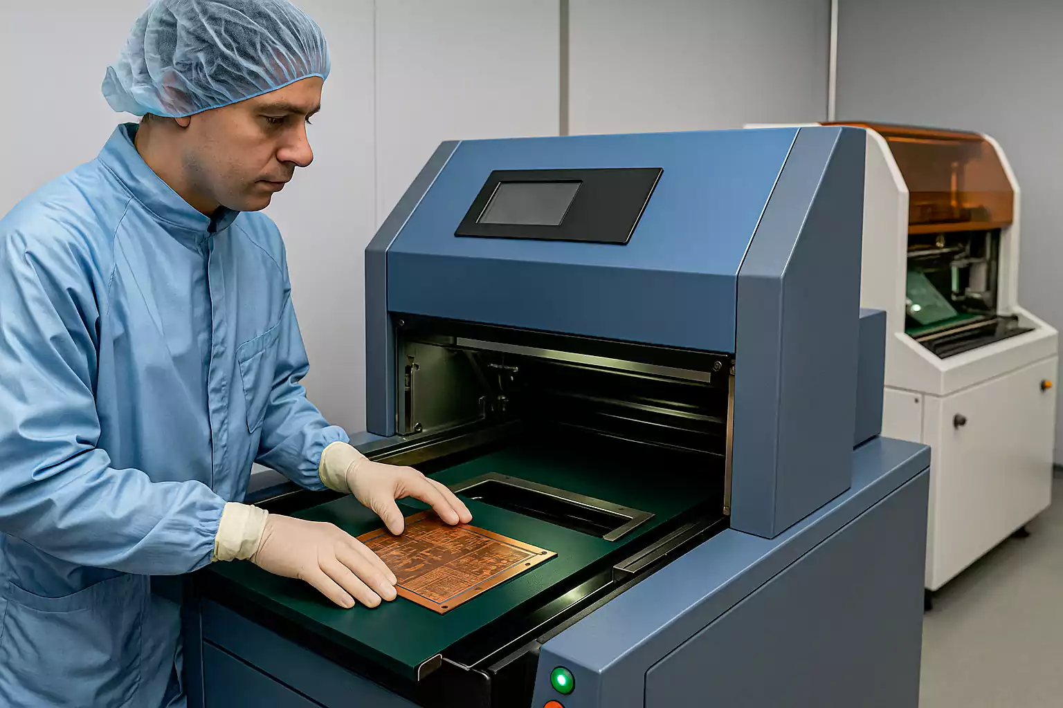 Technician operating PCB exposure machine in cleanroom environment