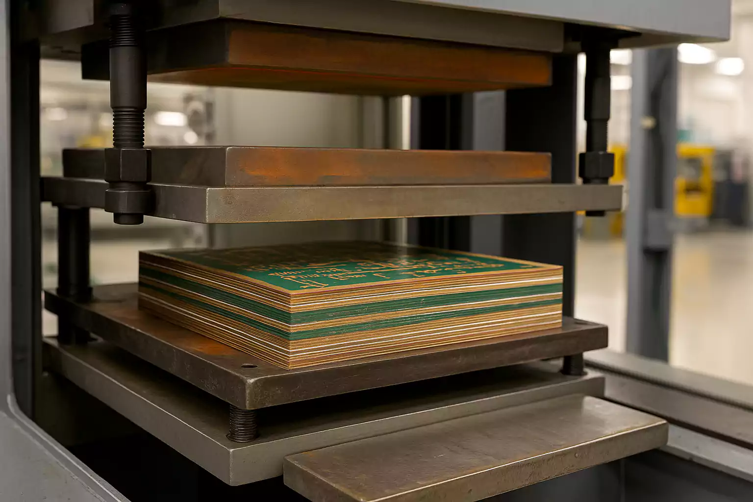 Multilayer PCB stack inside hydraulic lamination press in factory environment