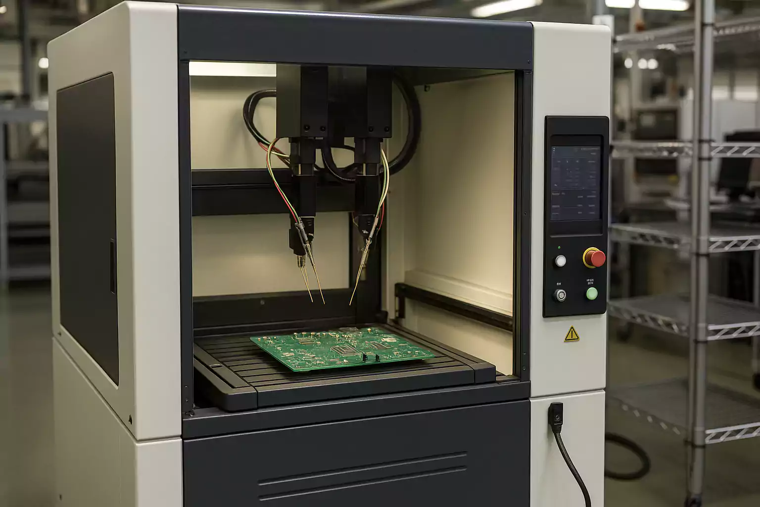 Flying probe PCB testing machine in operation