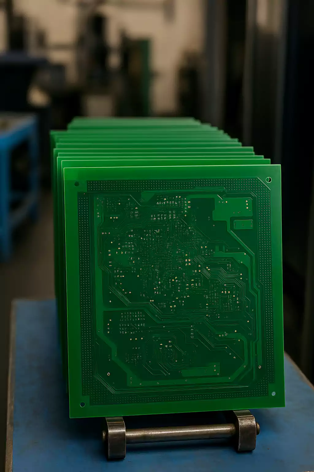 PCB panels with green solder mask on a production rack