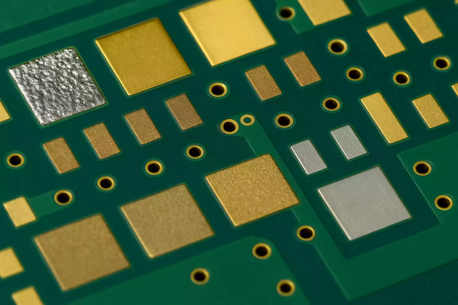 Close-up of PCB pads with different surface finishes like HASL, ENIG, and immersion tin