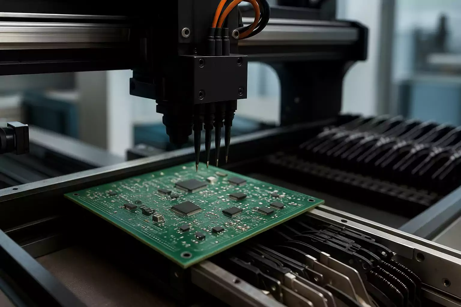 Pick and place machine placing components on a PCB during assembly