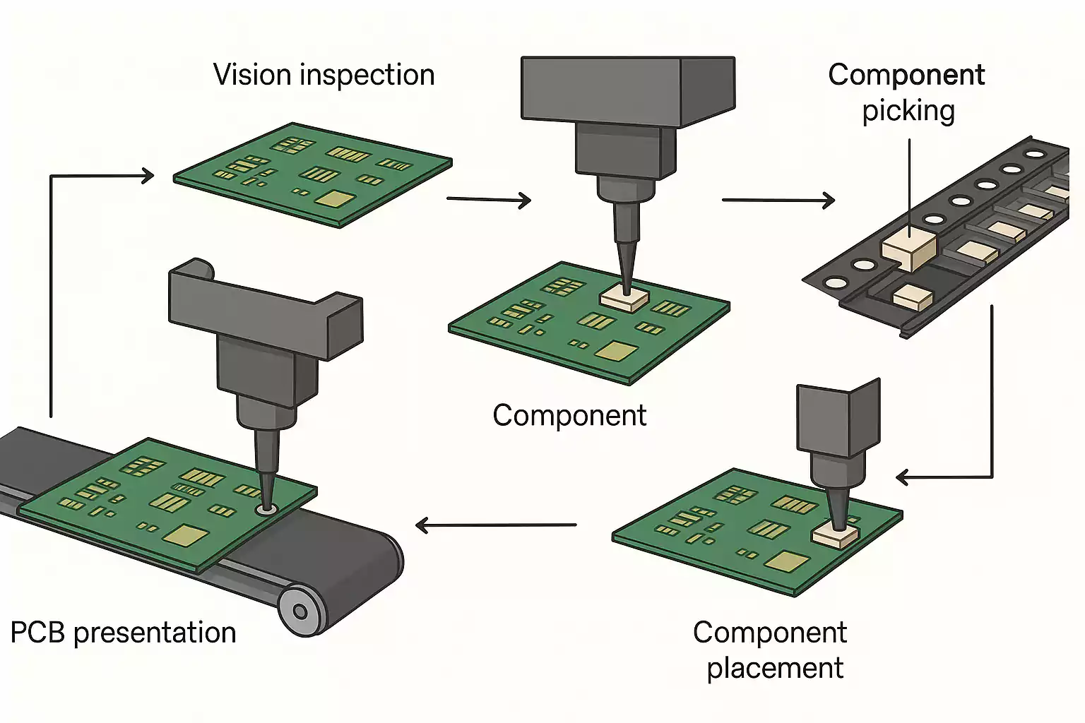Pick-and-place machine process flow for PCB assembly