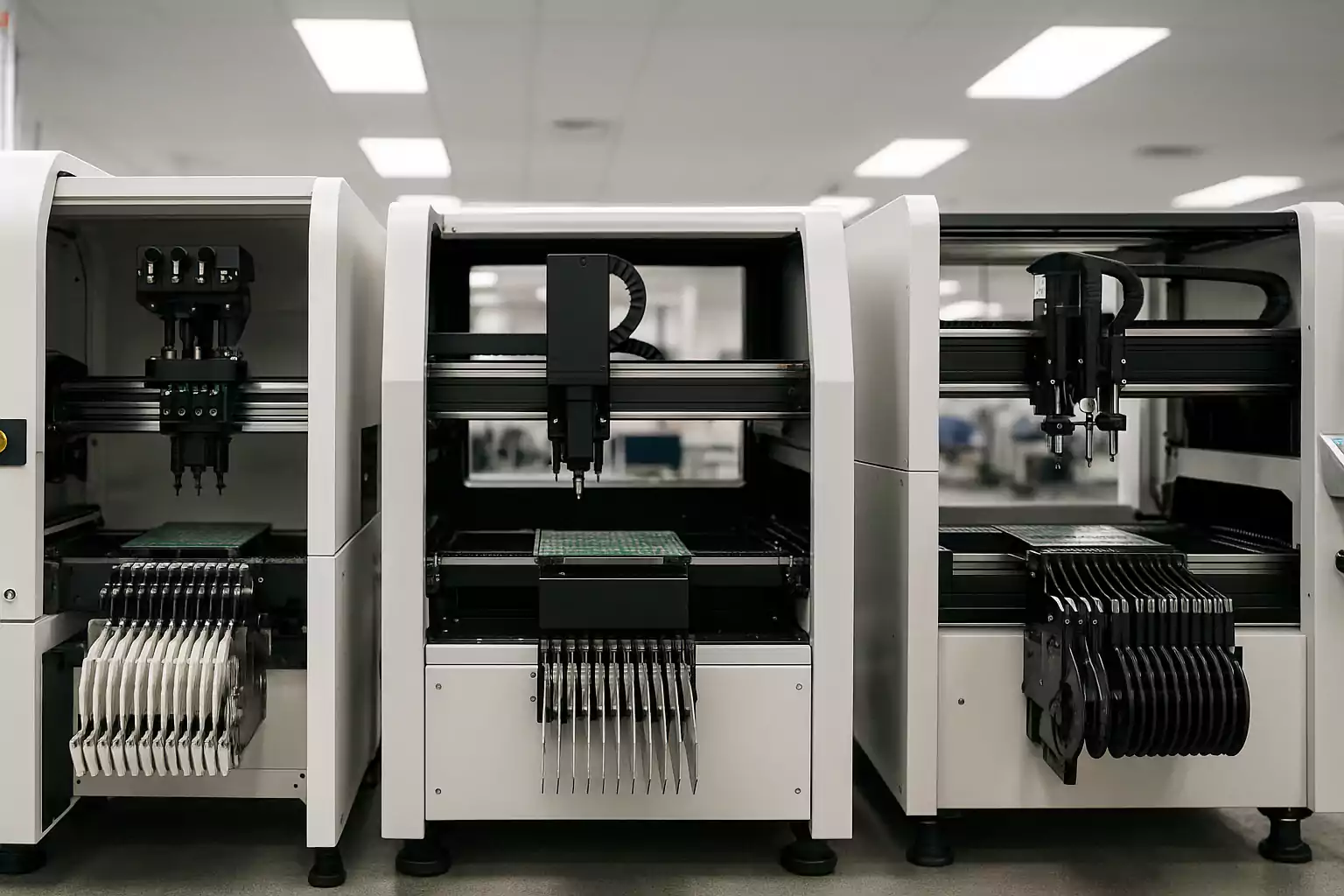 Three types of pick-and-place machines used in PCB assembly
