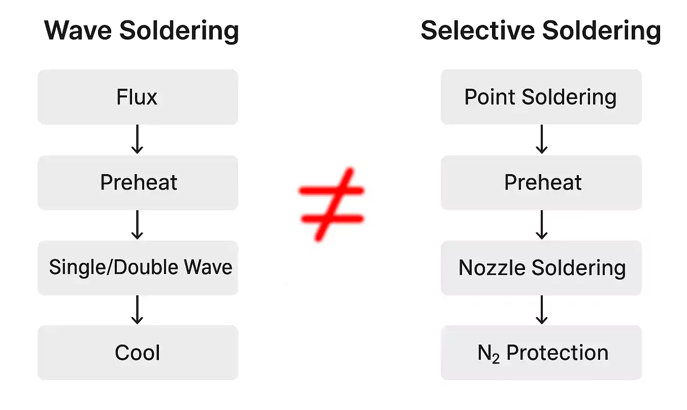 Wave soldering vs selective soldering process flow comparison showing each step