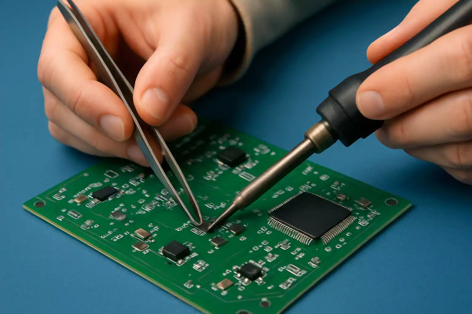 Manual soldering of components on a PCB using tweezers and a soldering iron