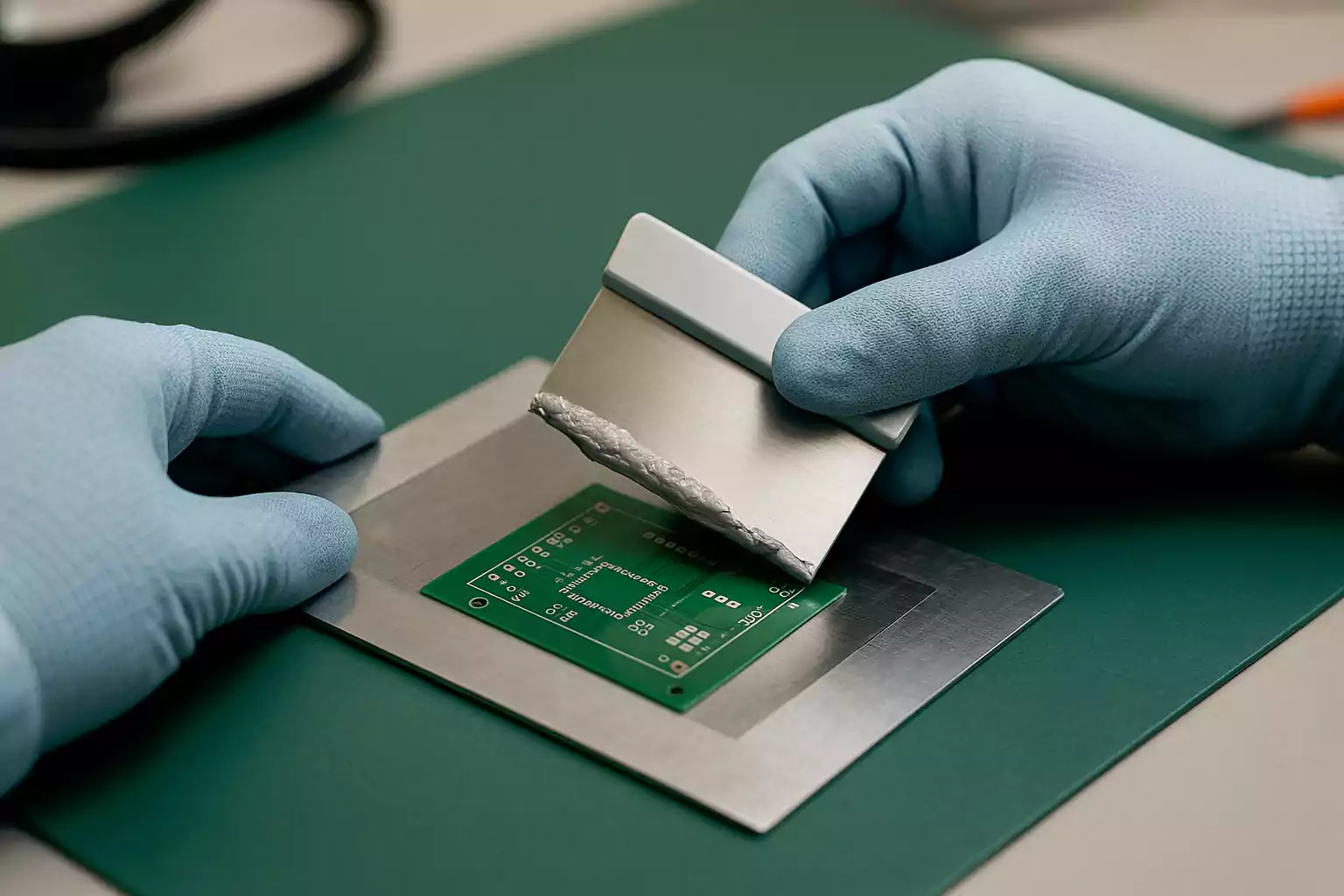 Applying solder paste to a PCB using a stencil and squeegee